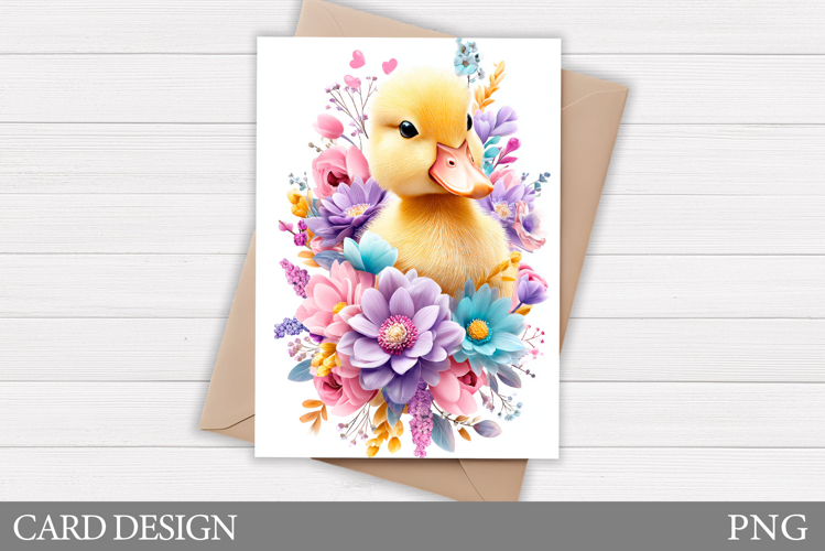 Cute Duck Card Design. Bunny Flowers Card Printable