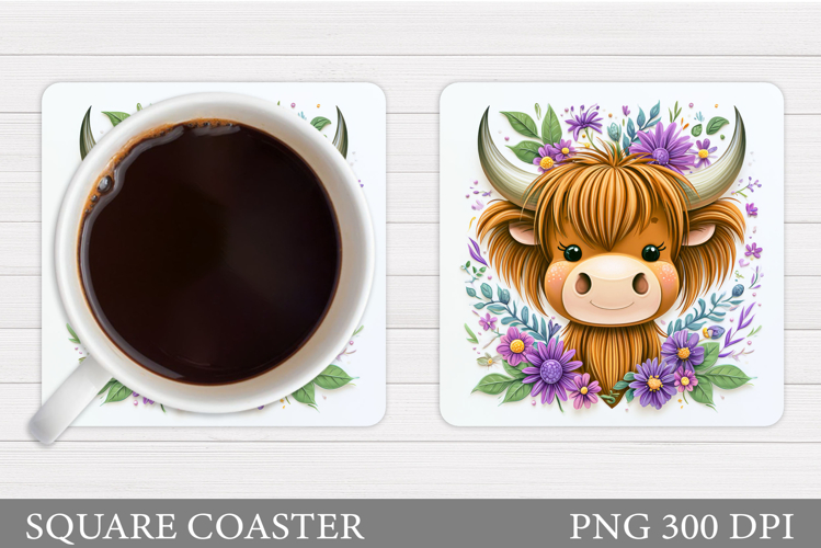 Cow Coaster Sublimation. Cow Flowers Coaster Design