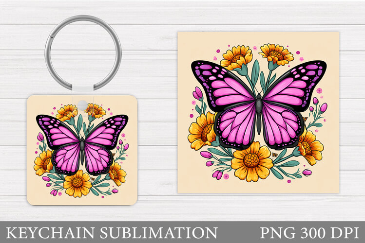 Butterfly Keychain Sublimation. Butterfly Flowers Keychain example image 1