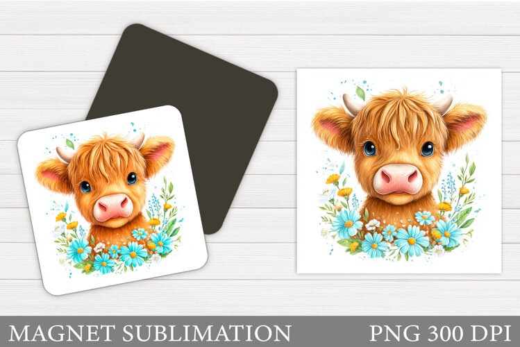 Highland Cow Magnet Design. Cow Flowers Magnet Sublimation example image 1