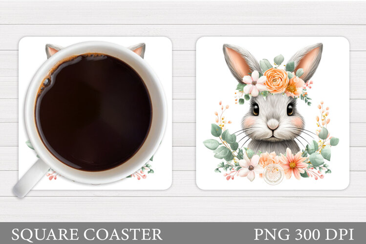 Cute Bunny Coaster Design. Bunny Flowers Coaster Sublimation example image 1