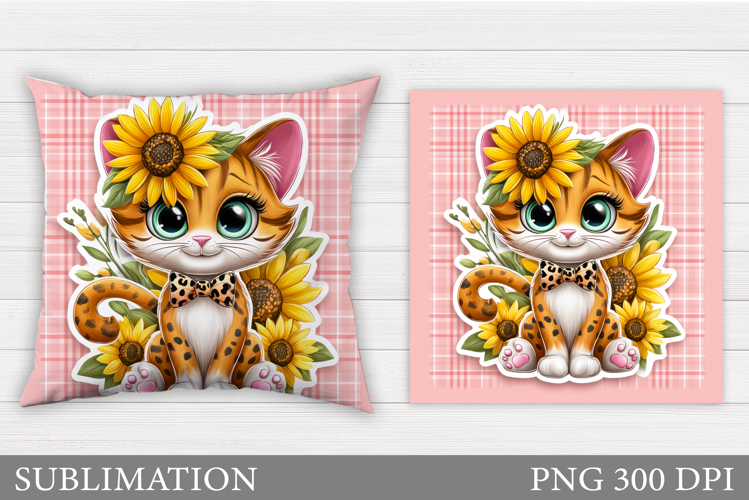 Cute Cat Pillow Design. Cat Flowers Pillow Sublimation