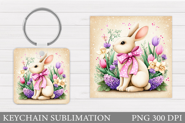 Cute Bunny Keychain. Bunny Flowers Keychain Sublimation