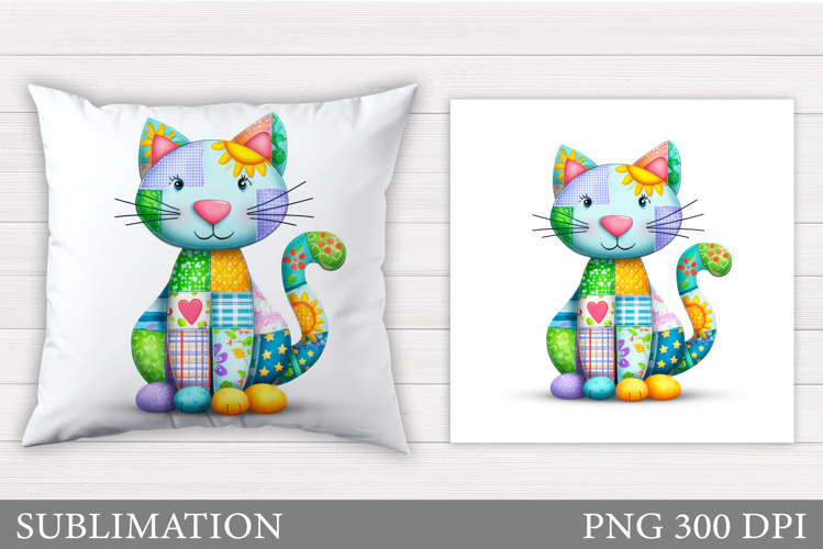 Patchwork Cat Pillow Design. Cute Cat Pillow Sublimation