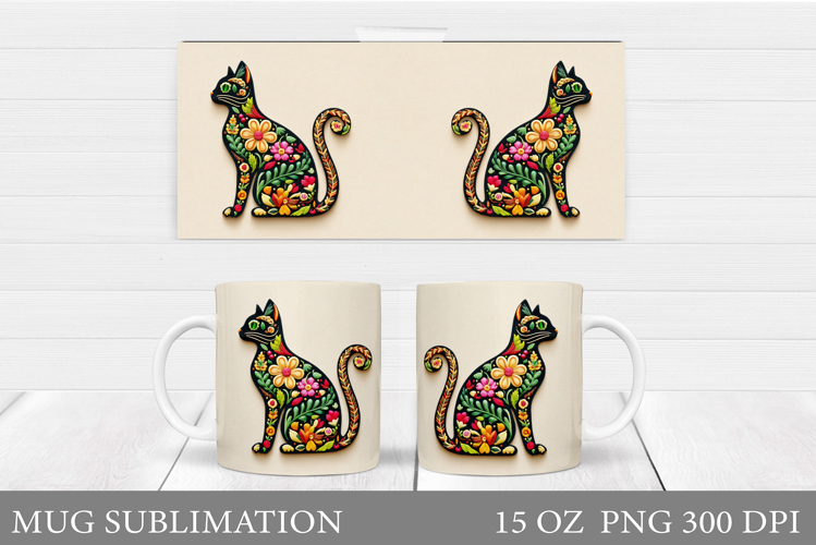 Floral Cat Mug Design. Valentines Mug Sublimation