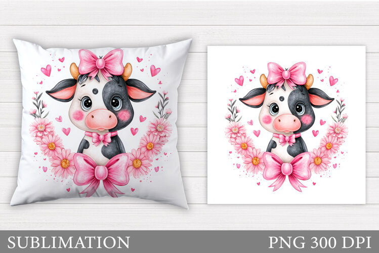 Cute Cow Pillow Design. Cow Flowers Pillow Sublimation example image 1