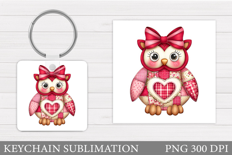 Patchwork Owl Keychain. Valentines Owl Keychain Sublimation