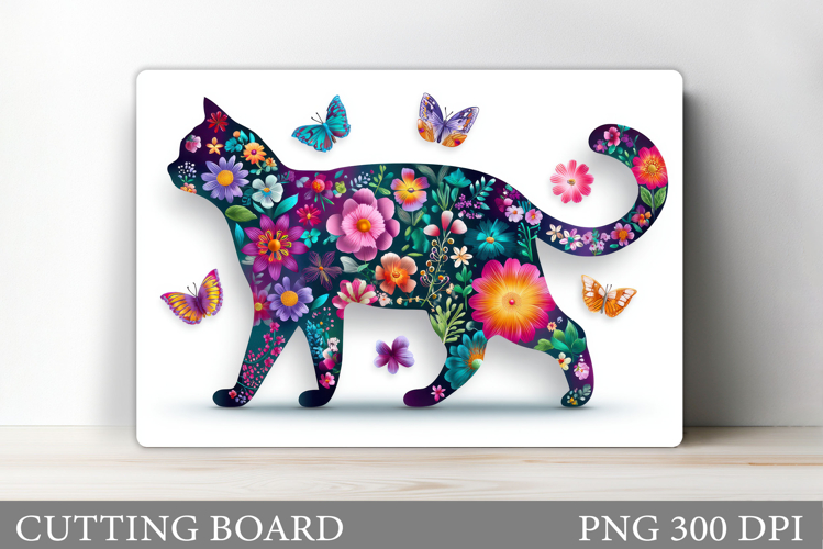 Floral Cat Cutting Board Design. Cute Cat Sublimation example image 1