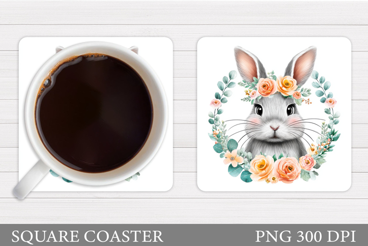 Cute Bunny Coaster Design. Bunny Flowers Coaster Sublimation
