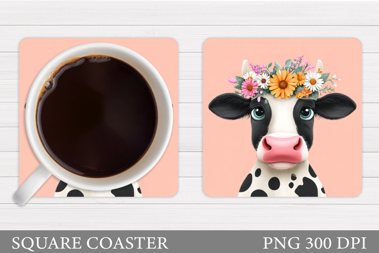 Cow Coaster Sublimation. Cow Flowers Coaster Design