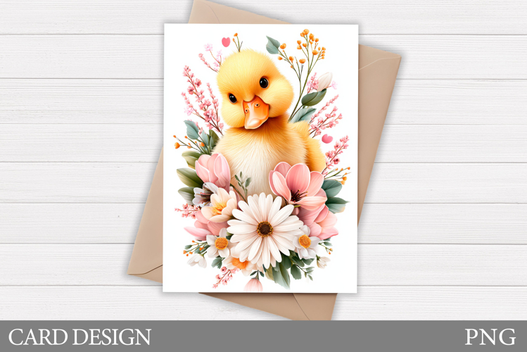 Cute Duck Card Design. Bunny Flowers Card Printable