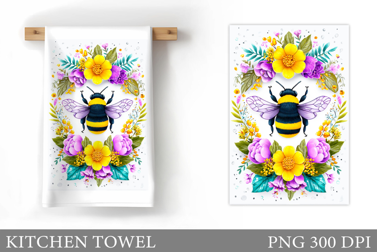 Bee Kitchen Towel Design. Flowers Kitchen Towel Sublimation