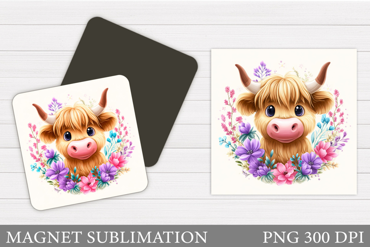 Highland Cow Magnet Design. Cow Flowers Magnet Sublimation