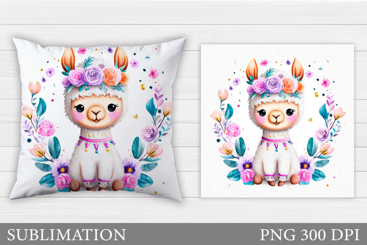 Lama Flowers Pillow Design. Cute Lama Pillow Sublimation example image 1