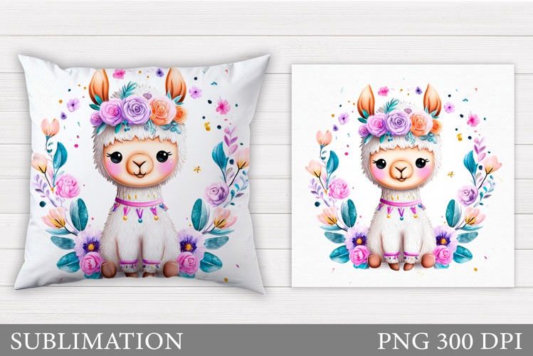 Lama Flowers Pillow Design. Cute Lama Pillow Sublimation
