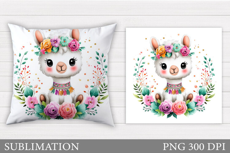 Cute Lama Pillow Sublimation. Lama Flowers Pillow Design example image 1