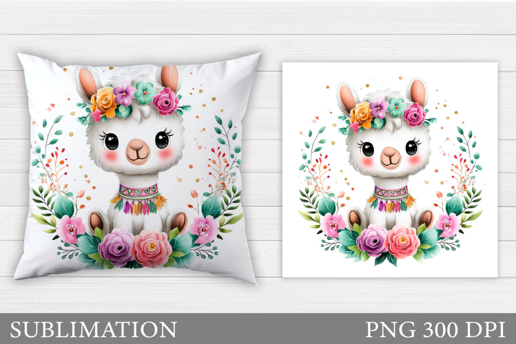 Cute Lama Pillow Sublimation. Lama Flowers Pillow Design