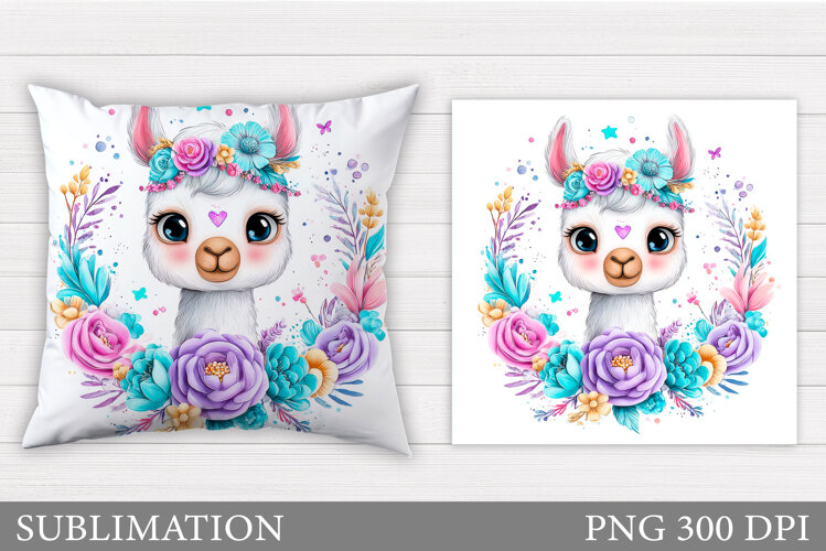 Lama Flowers Pillow Design. Cute Lama Pillow Sublimation example image 1