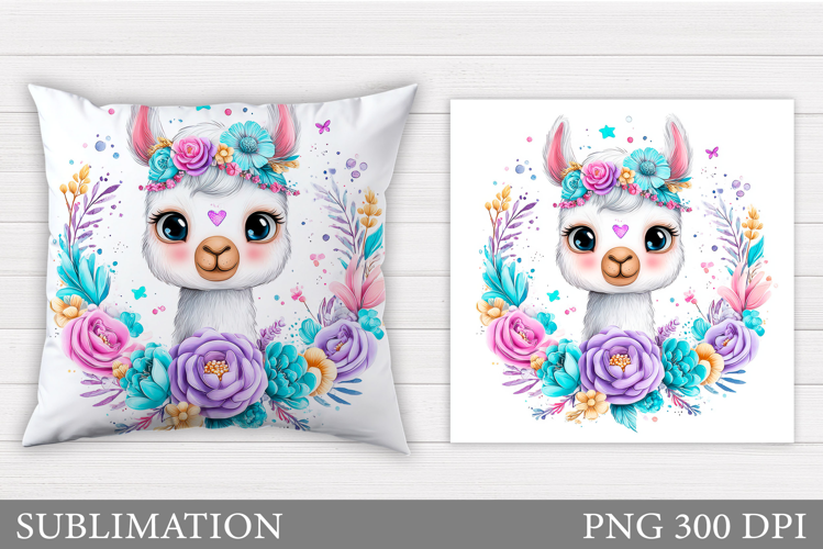 Lama Flowers Pillow Design. Cute Lama Pillow Sublimation