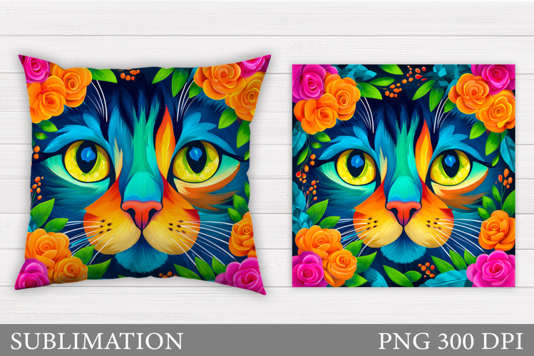 Cat Pillow Design. Cat Flowers Pillow Sublimation