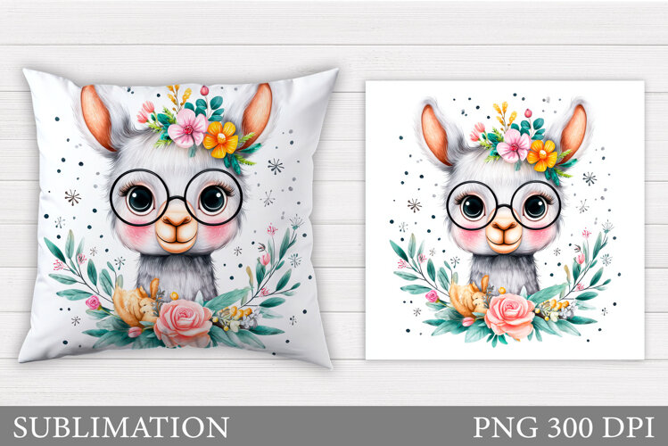 Cute Lama Pillow Sublimation. Lama Flowers Pillow Design example image 1