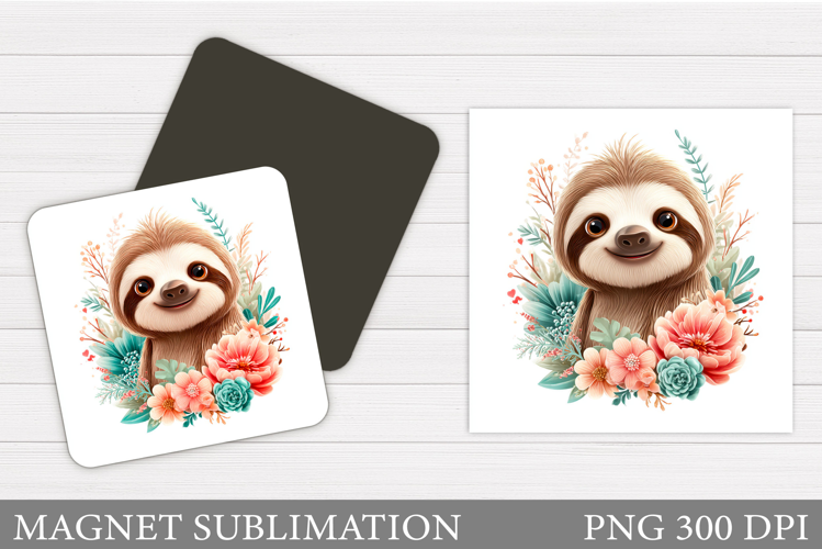 Cute Sloth Magnet Design. Sloth Flowers Magnet Sublimation