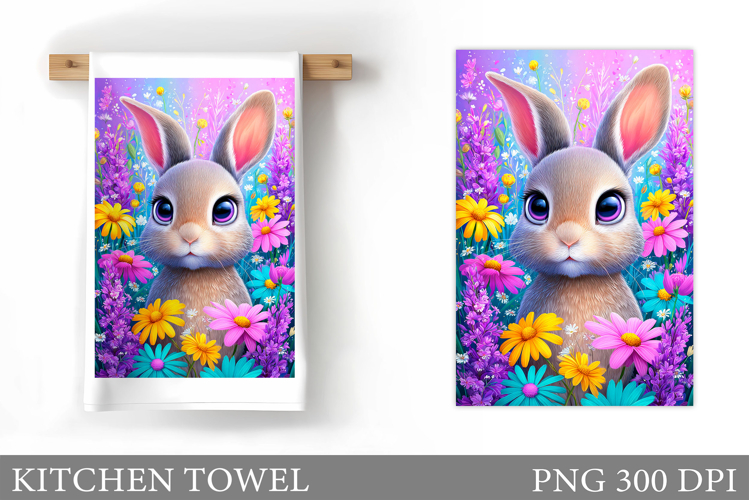 Cute Bunny Kitchen Towel. Bunny Flowers Kitchen Towel Design