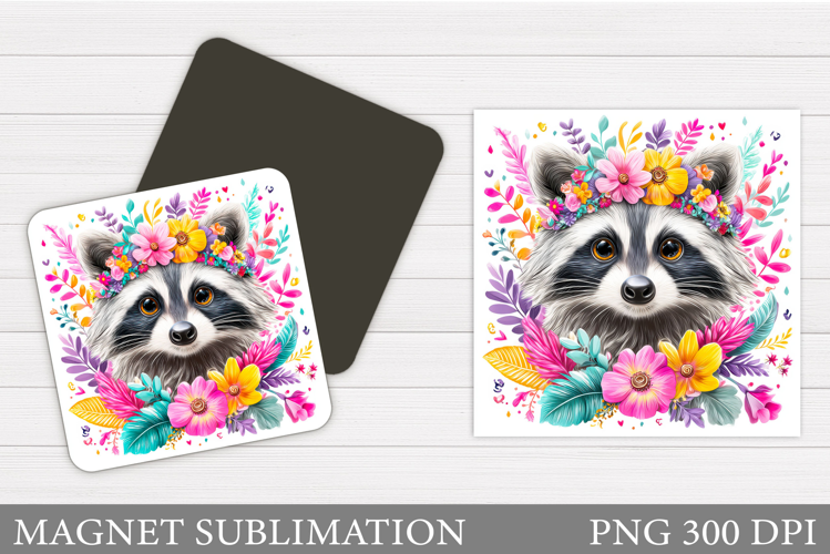 Cute Raccoon Magnet Design. Raccoon Flowers Magnet