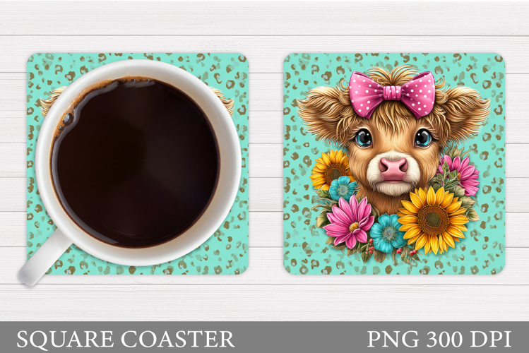 Cow Coaster Sublimation. Cow Flowers Coaster Design