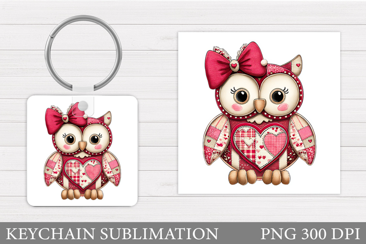 Patchwork Owl Keychain. Valentines Owl Keychain Sublimation