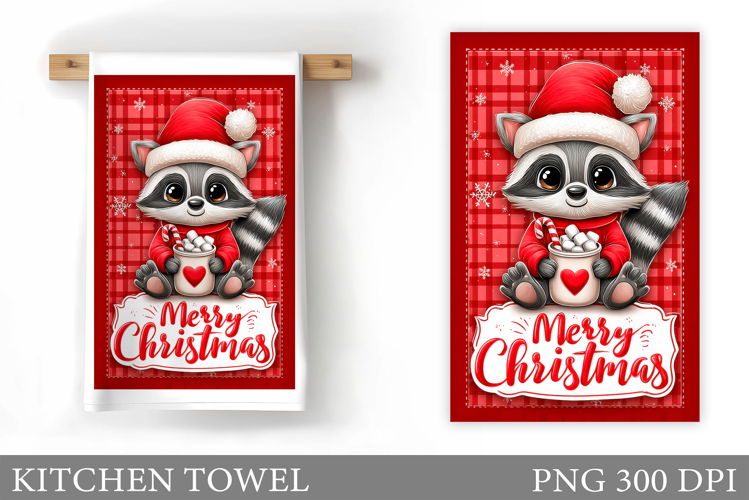 Christmas Raccoon Kitchen Towel. Christmas Kitchen Towel