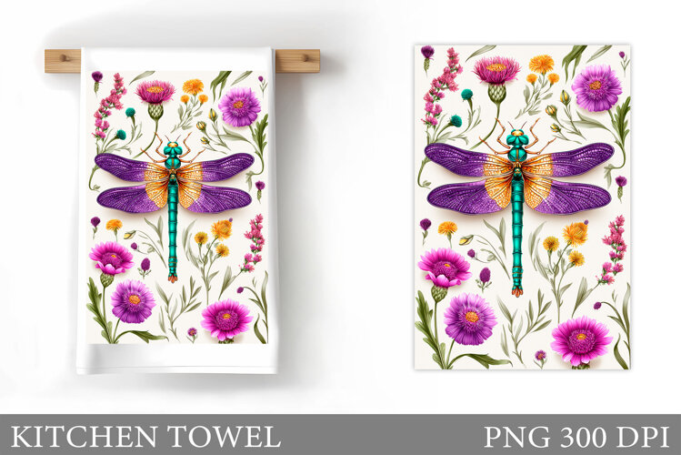 Dragonfly Kitchen Towel. Flowers Kitchen Towel Sublimation example image 1