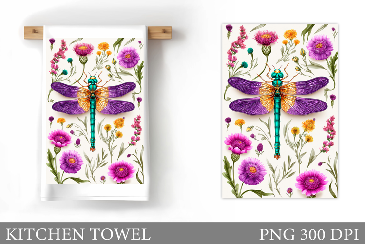 Dragonfly Kitchen Towel. Flowers Kitchen Towel Sublimation