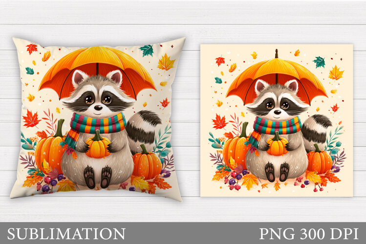 Fall Raccoon Pillow Design. Fall Raccoon Sublimation example image 1
