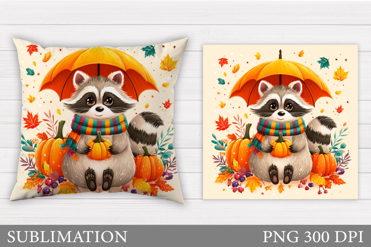 Fall Raccoon Pillow Design. Fall Raccoon Sublimation