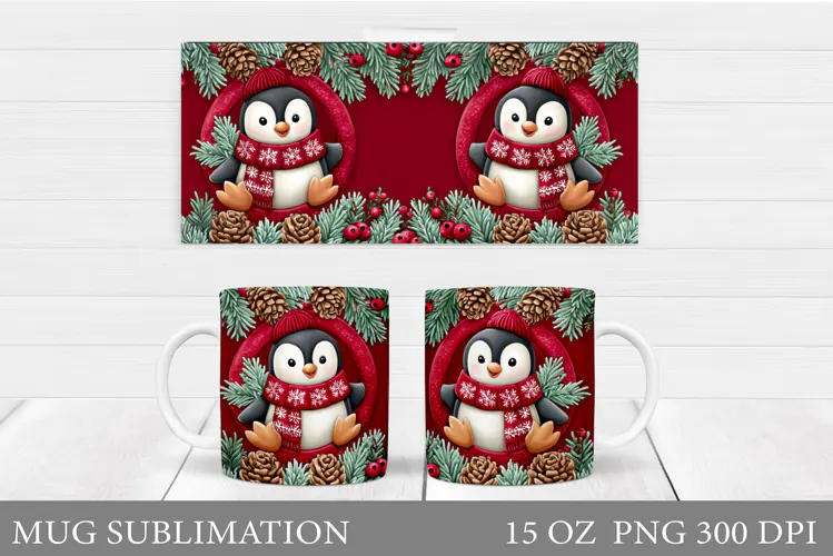 Christmas Penguin Mug Sublimation. Christmas Mug Design