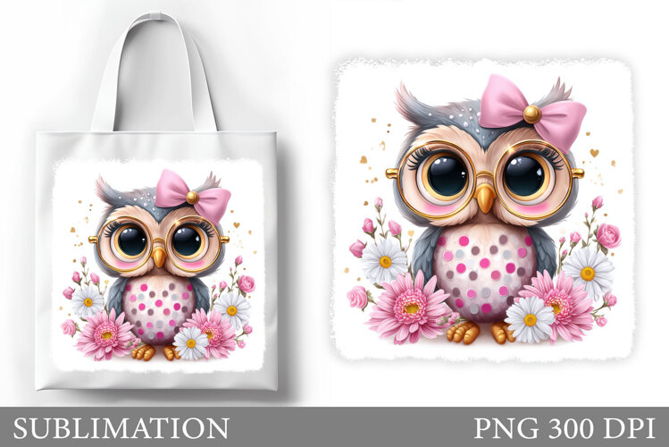Cute Owl Tote Bag Design. Owl Flowers Sublimation example image 1
