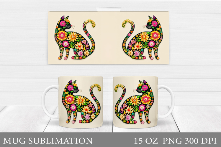 Floral Cat Mug Design. Valentines Mug Sublimation