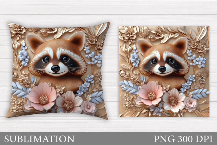 Cute Raccoon Pillow Design. Raccoon Flowers Pillow example image 1
