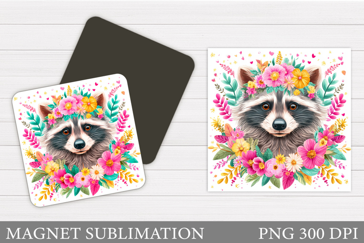 Cute Raccoon Magnet Design. Raccoon Flowers Magnet