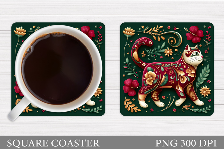 Floral Cat Coaster Design. Cute Cat Sublimation
