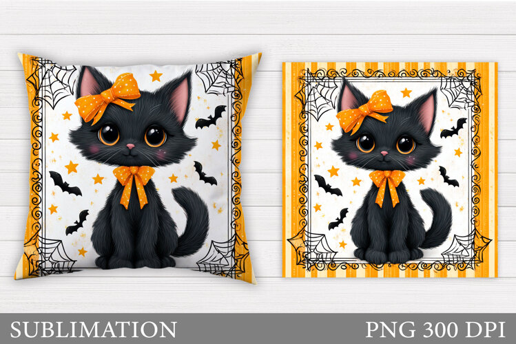Halloween Black Cat Pillow/ Cute Halloween Sublimation example image 1