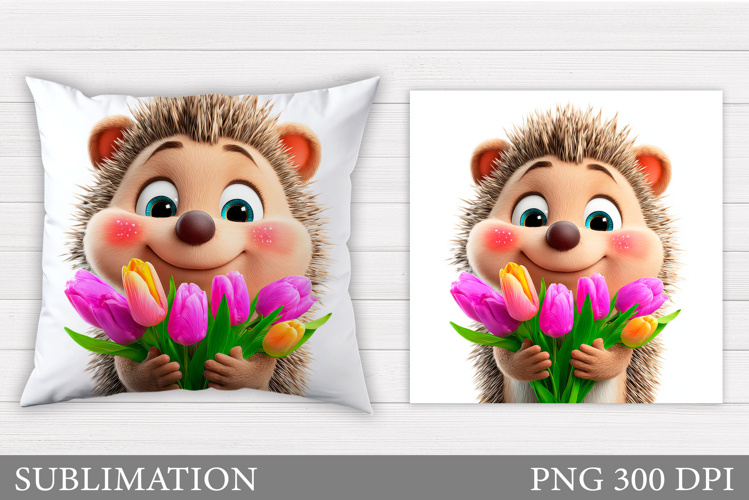 Cute Hedgehog Pillow Design. Hedgehog Flowers Sublimation