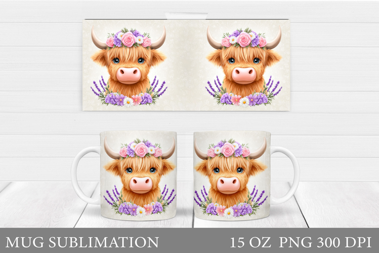 Cute Cow Mug Sublimation. Cow Flowers Mug Wrap Design