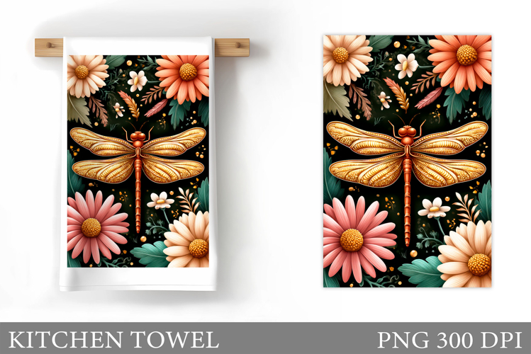 Dragonfly Kitchen Towel. Flowers Kitchen Towel Design