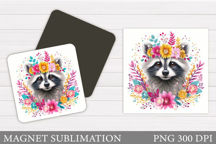 Cute Raccoon Magnet Design. Raccoon Flowers Magnet
