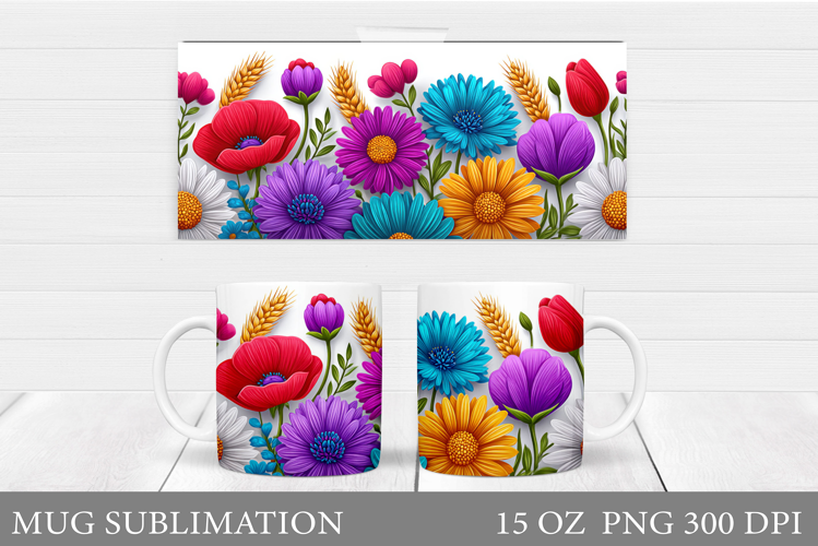Floral Mug Sublimation. Flowers Mug Wrap Design