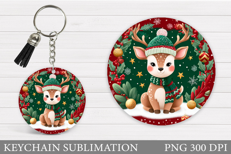 Cute Deer Keychain Design. Christmas Keychain Sublimation