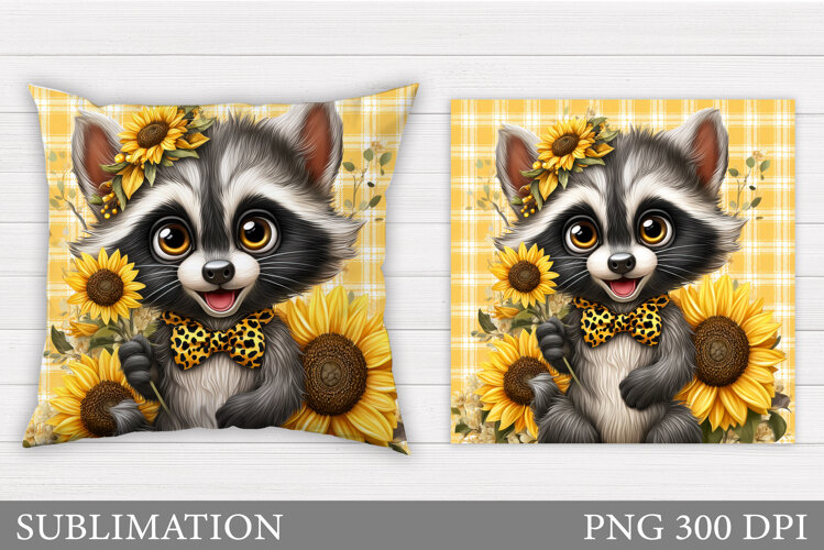 Cute Raccoon Pillow Design. Raccoon Flowers Pillow example image 1