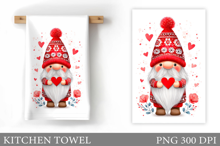 Valentine Gnome Kitchen Towel. Valentines Kitchen Towel